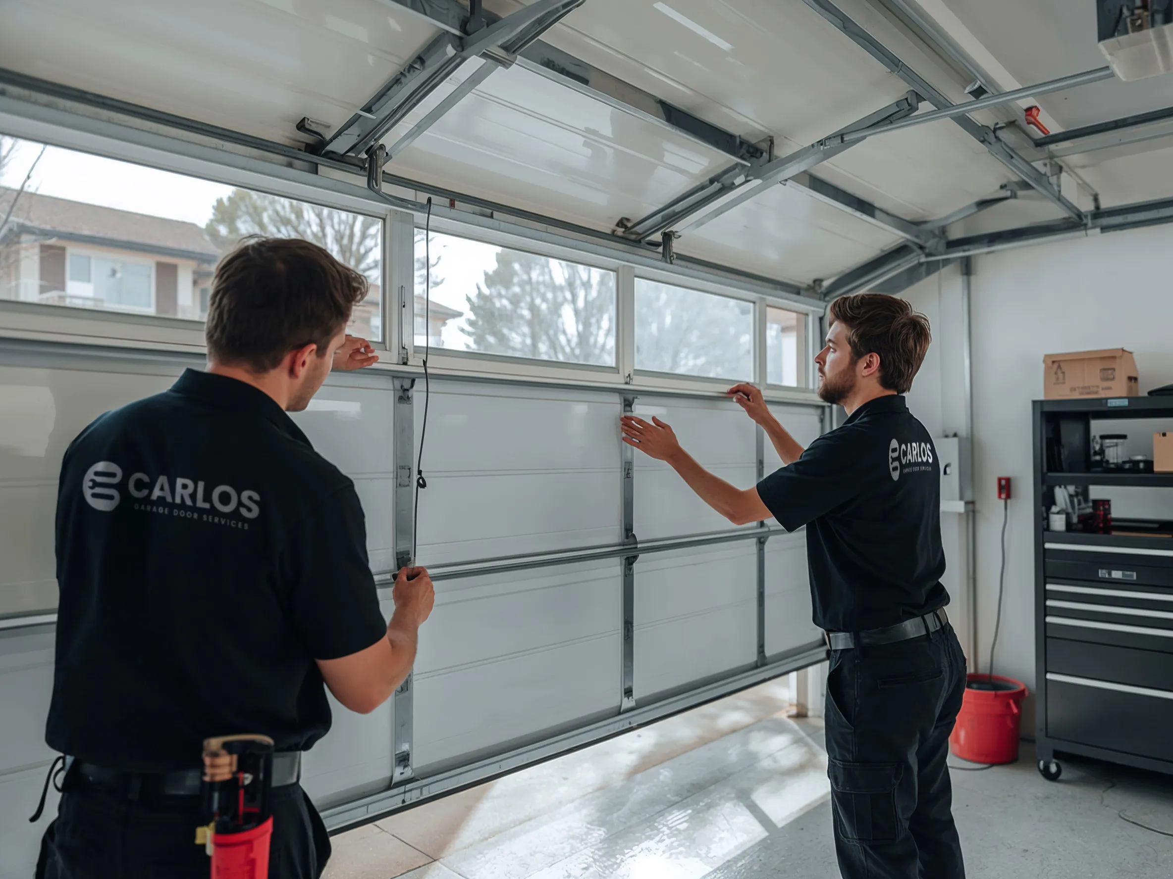 Experienced garage door technician performing cable repair